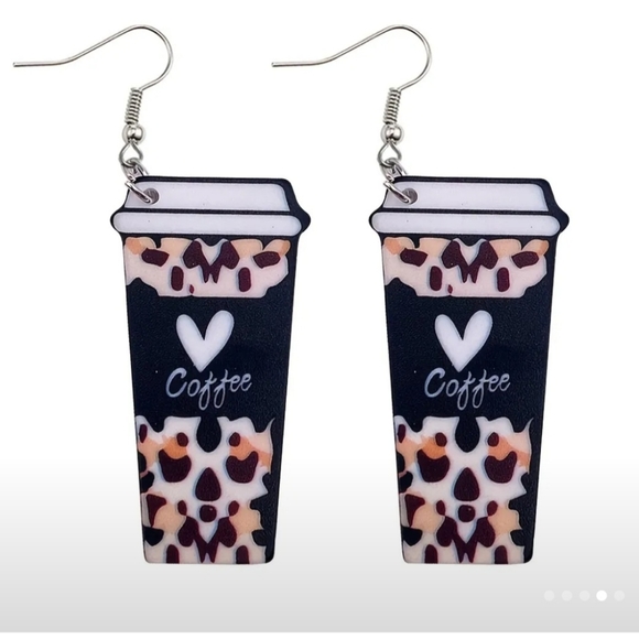 Leopard Coffee Heart Cup Earrings - Picture 11 of 11